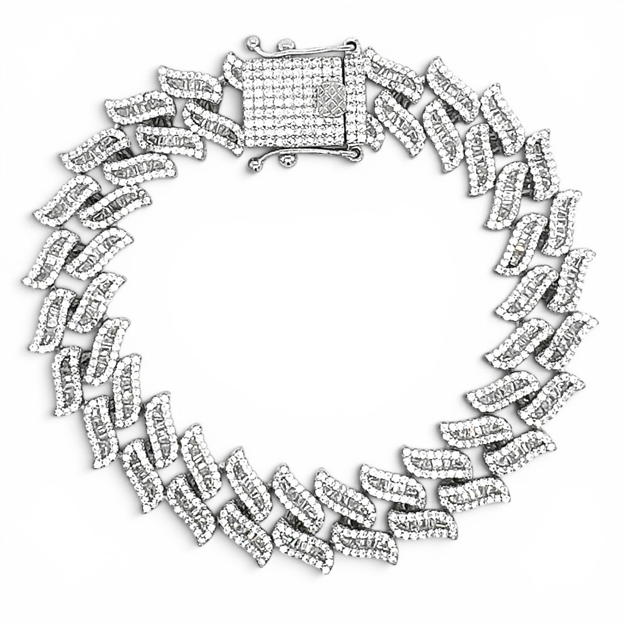 925 Sterling Silver Iced Out Waved Cuban Bracelet - 14.5 mm - Image 1