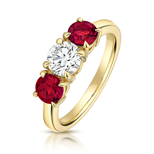 9k Yellow Gold Lab Grown Diamond and Ruby Trilogy Set Ring - Image 1
