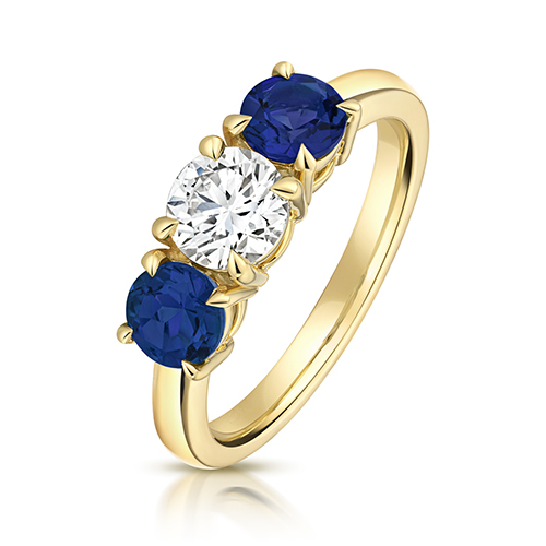 9k Yellow Gold Lab Grown Diamond and Sapphire Trilogy Set Ring - Image 1