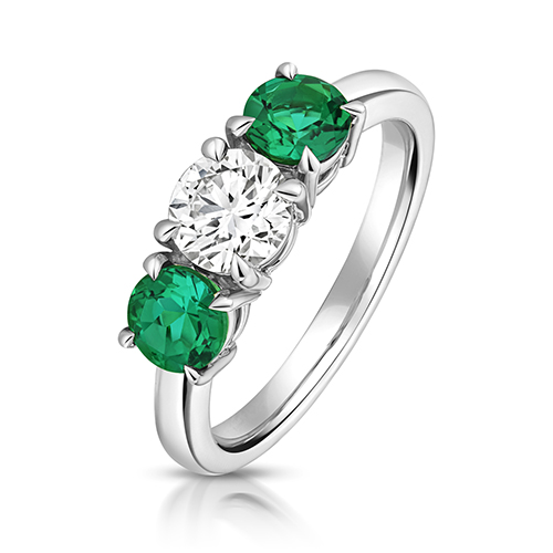 9k White Gold Lab Grown Diamond and Emerald Trilogy Set Ring - Image 1