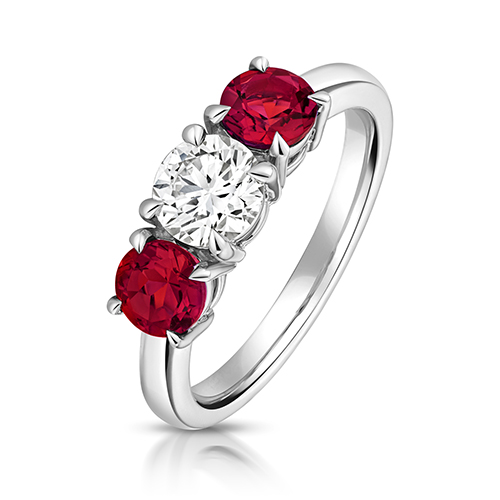 9k White Gold Lab Grown Diamond and Ruby Trilogy Set Ring - Image 1