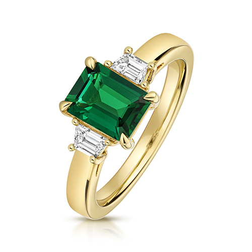 9k Yellow Gold Lab Grown Baguette Diamond and Emerald Trilogy Set Ring - Image 1