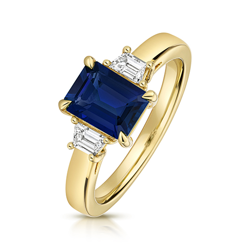 9k Yellow Gold Lab Grown Baguette Diamond and Sapphire Trilogy Set Ring - Image 1