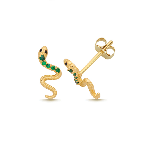 9k Yellow Gold Snake Green Cz Stud Earrings - 10.7x4.5 mm - Image 1