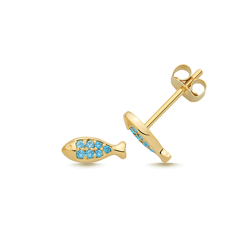 9k Yellow Gold Turquoise Cz Fish Stud Earrings - 7.5x3 mm - Image 1