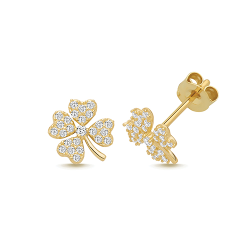 9k Yellow Gold Cz 4 Leaf Clover Stud Earrings - 8x7.5 mm - Image 1
