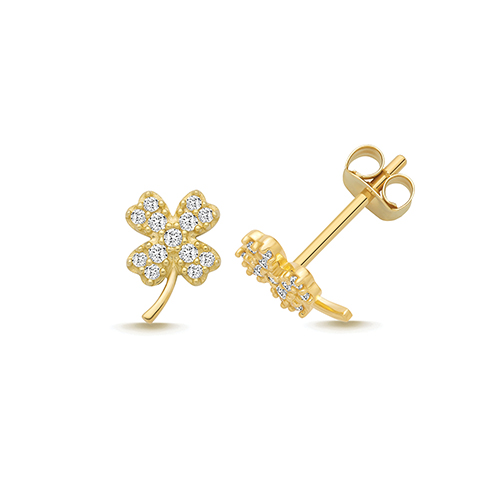 9k Yellow Gold 4 Leaf Clover Cz Stud Earrings - 7.6x5.6 mm - Image 1