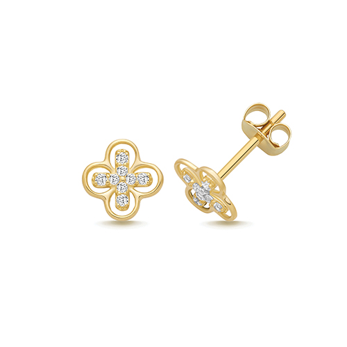 9k Yellow Gold Fancy Cz Clover Stud Earrings - 6.8x6.8 mm - Image 1