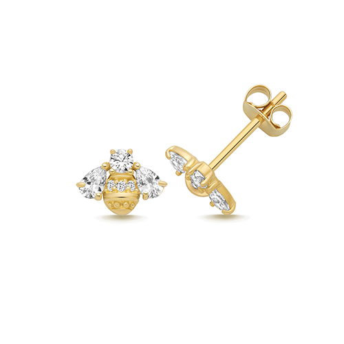 9k Yellow Gold Cz Honey Bees Stud Earrings - 5.6x7.6 mm - Image 1