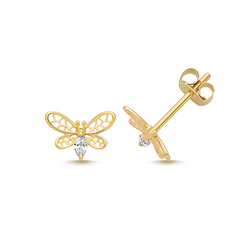 9k Yellow Gold Cz Filigree Butterfly Stud Earrings - 5.7x8.2 mm - Image 1