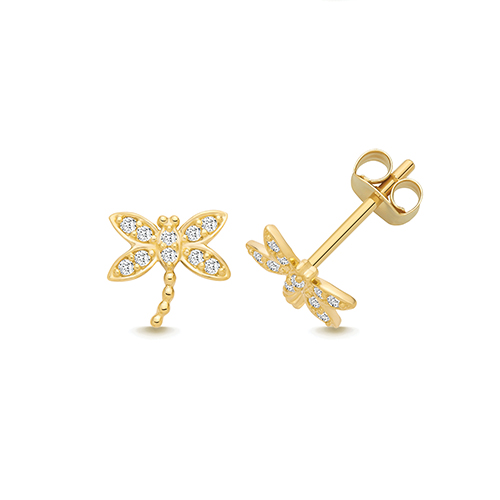 9k Yellow Gold Cz Dragonfly Stud Earrings - 6.7x7.1 mm - Image 1