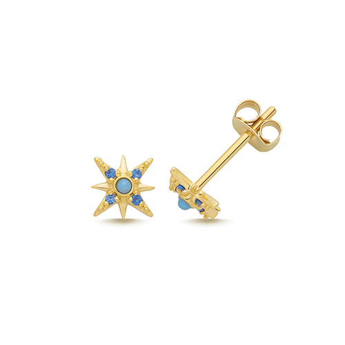 9k Yellow Gold Turquoise Cz Star Stud Earrings - 7x7 mm - Image 1