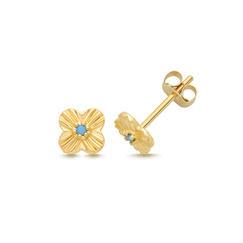 9k Yellow Gold Turquoise Clover Stud Earrings - 6.5x6.5 mm - Image 1