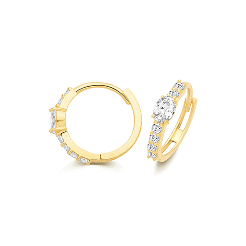 9k Yellow Gold Stone Set Huggie Earrings - 13x3 mm - Image 1