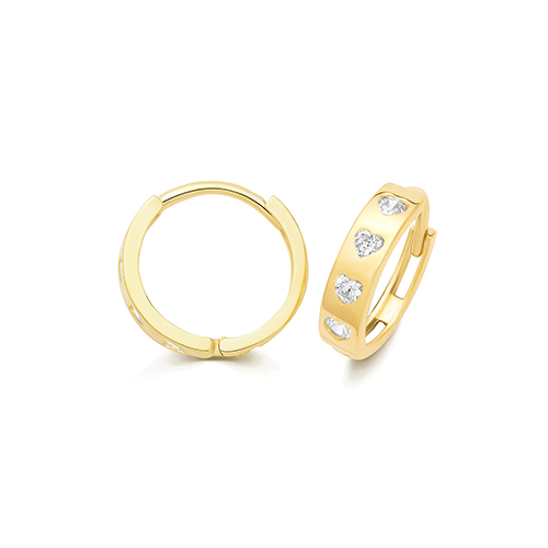 9k Yellow Gold Stone Set Heart Huggie Earrings - 12x3 mm - Image 1