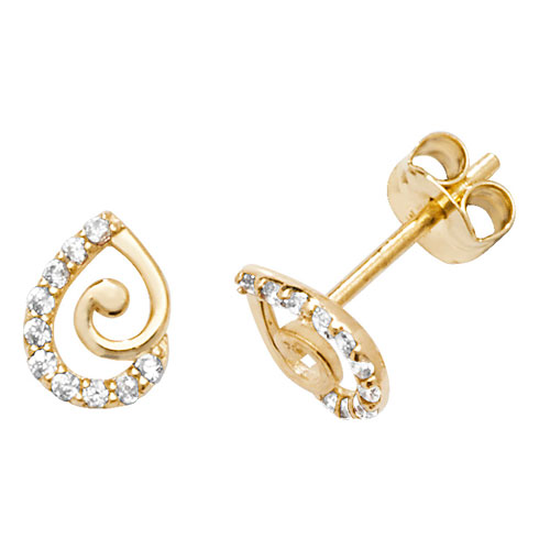 9k Yellow Gold Pear Plain and Cz Swirl Stud Earrings - 7.3 mm - Image 1