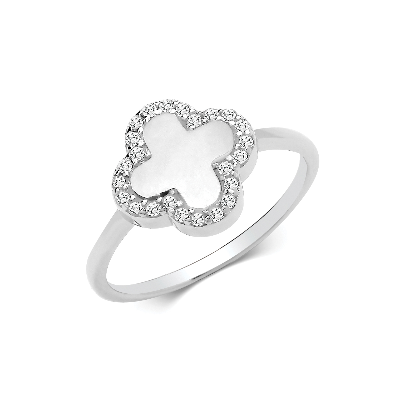 925 Sterling Silver Mother of Pearl and Cz Clover Ring - Image 1