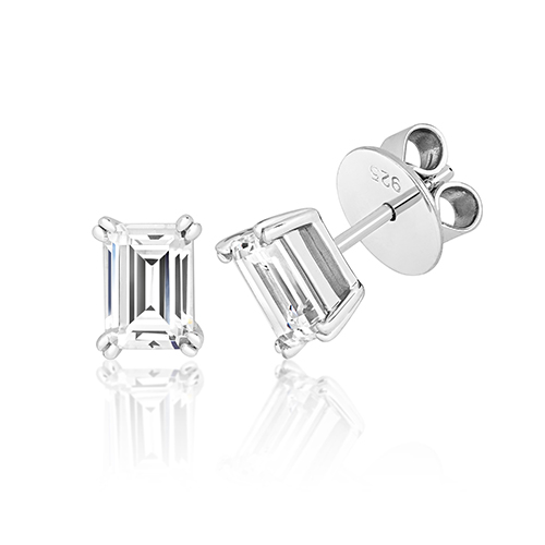 925 Sterling Silver Twin Claw Cz Emerald Cut Studs - 7x5 mm - Image 1