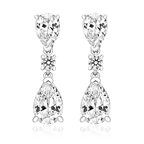 925 Sterling Silver Claw Set Triple Drop Round and Pear Cut Cz Earrings - 7x5 x 9x6 mm - Image 1