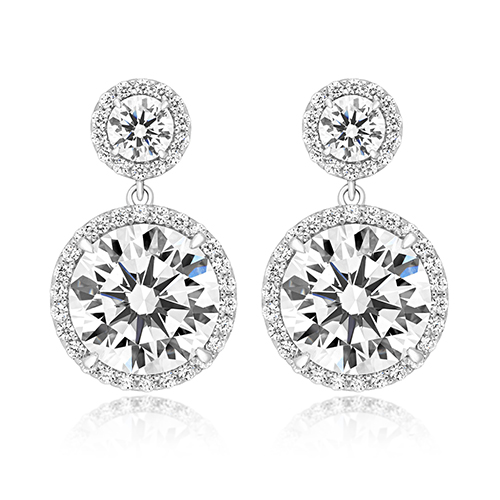 925 Sterling Silver Round Halo Cz Double Drop Earrings - 9x4 mm - Image 1