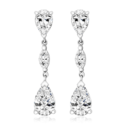 925 Sterling Silver Marquise and Pear Shaped Cz Triple Drop Earrings - 9x6 mm - Image 1