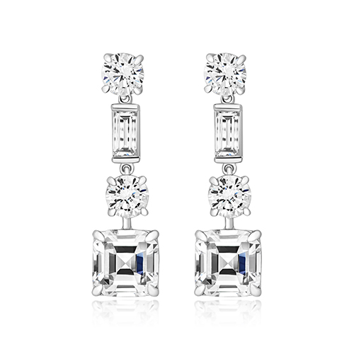 925 Sterling Silver Round Baguette and Asscher Shaped Cz Drop Earrings - 7 mm - Image 1