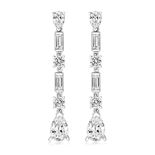 925 Sterling Silver Pear Round & Baguette Cz Drop Earrings - 9x6 mm - Image 1