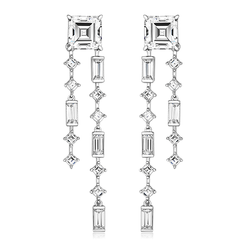 925 Sterling Silver Double Strand Asscher Square and Baguette Cut Cz Drop Earrings - 8 mm - Image 1
