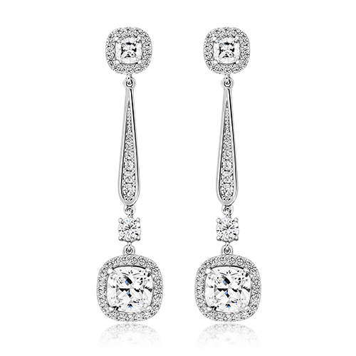 925 Sterling Silver Halo Style Cushion Cut Cz Drop Earrings - 7x4 mm - Image 1