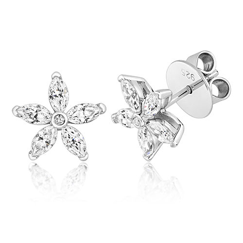 925 Sterling Silver Marquise Cut Flower Cz Stud Earrings - 4.5x2.5 mm - Image 1