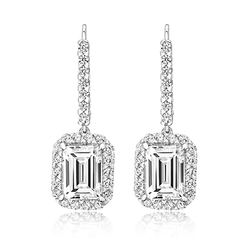 925 Sterling Silver Halo Set Emerald Cut Cz Drop Earrings - 8x6 mm - Image 1