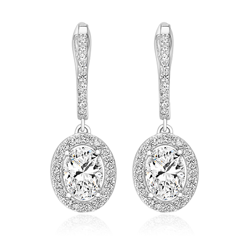 925 Sterling Silver Halo Set Oval Cut Cz Drop Earrings - 8x6 mm - Image 1