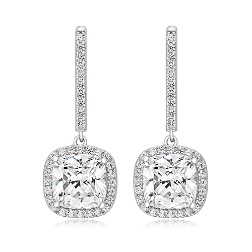 925 Sterling Silver Halo Set Cushion Cut Cz Drop Earrings - 8 mm - Image 1