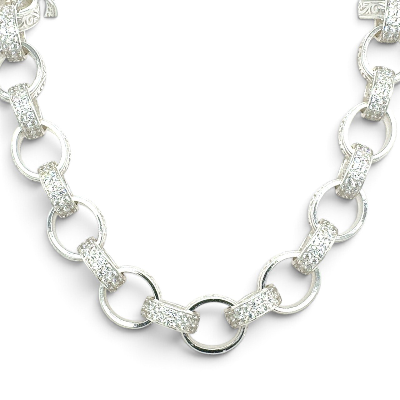 925 Sterling Silver Oval Shaped Belcher Chain Stone set and Patterned - 12 mm - Image 1