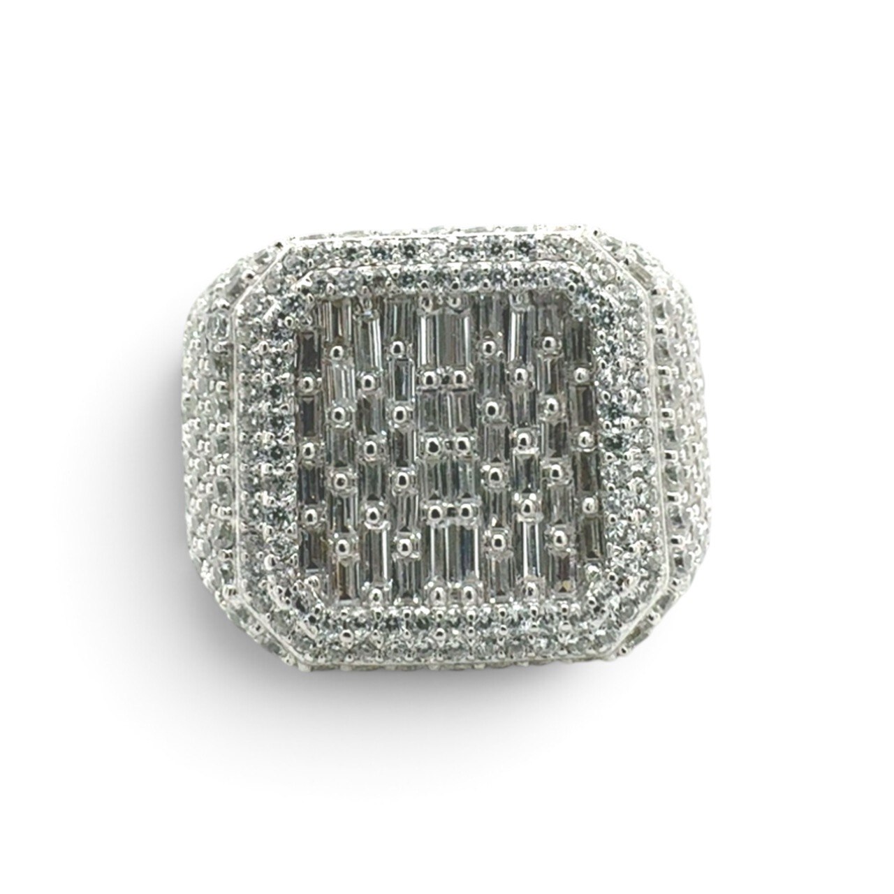 925 Sterling Silver Iced out Round and Baguette Square Signet Ring - SR00240 - Image 1