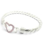 925 Sterling Silver Pink Cz Open Heart Hook Bangle - 16x6 mm - Image 2