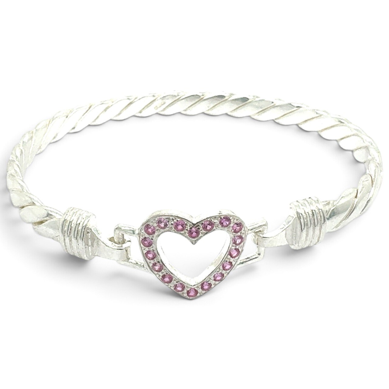 925 Sterling Silver Pink Cz Open Heart Hook Bangle - 16x6 mm - Image 1