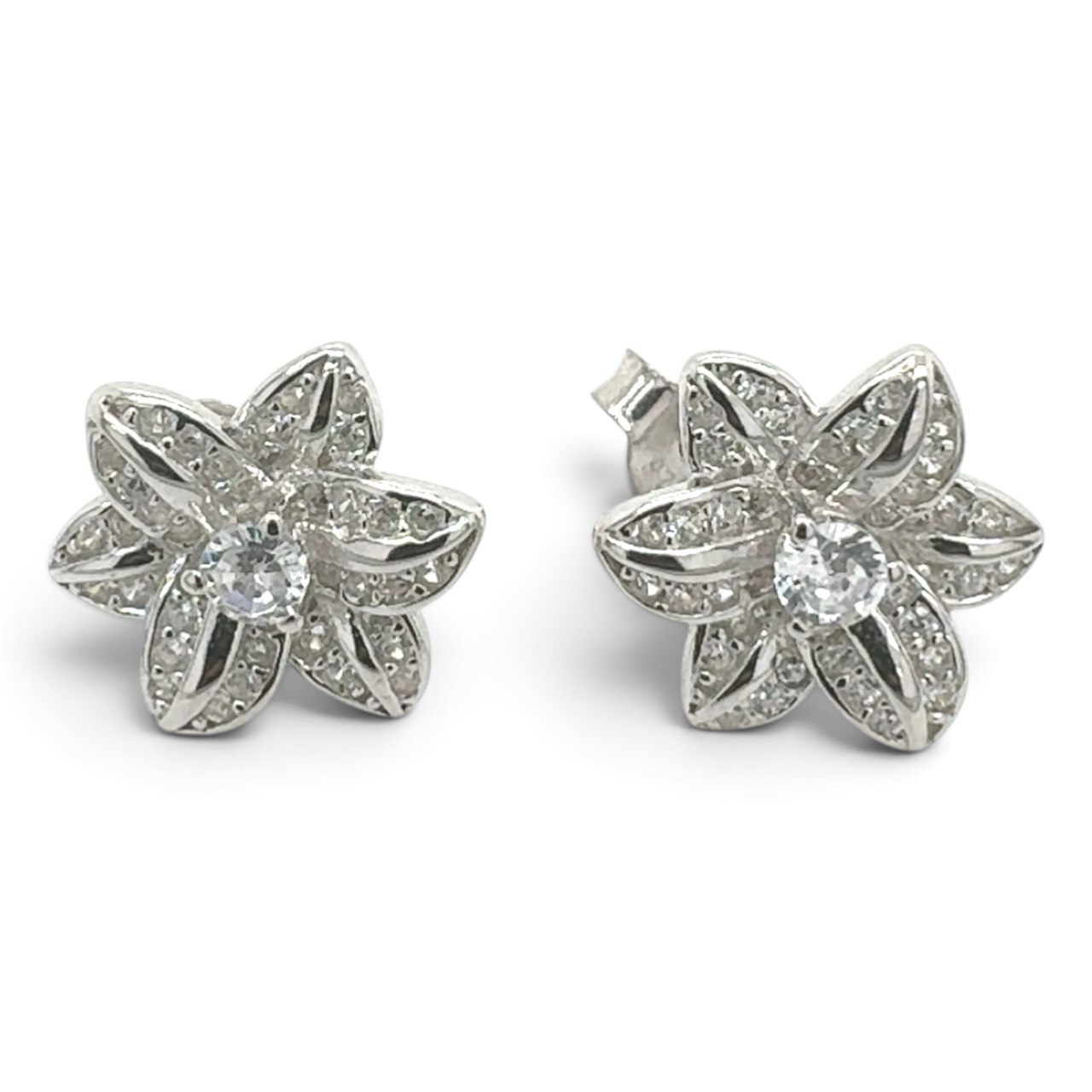 925 Sterling Silver Flower Shaped Cz Stud Earrings - Image 1