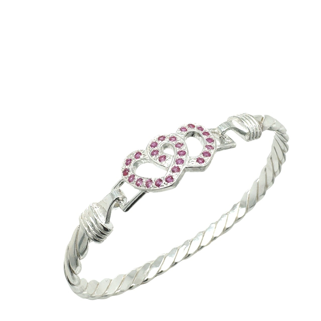 925 Sterling Silver Pink Cz Double Open Heart Hook Bangle - 14x6 mm - Image 1