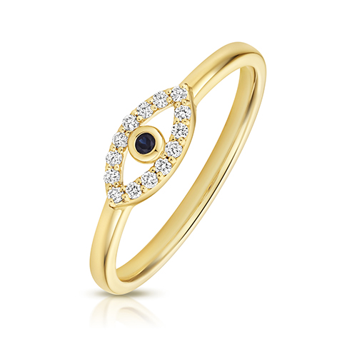 9k Yellow Gold Lab Grown Diamond and Sapphire Evil Eye Ring - Image 1
