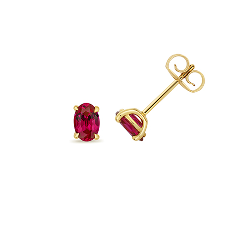 9k Yellow Gold Lab Grown Oval Ruby Stud Earrings - Image 1
