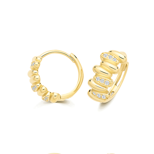 9k Yellow Gold Cz Ribbed Huggie Earrings - 12x5.5mm - Image 1