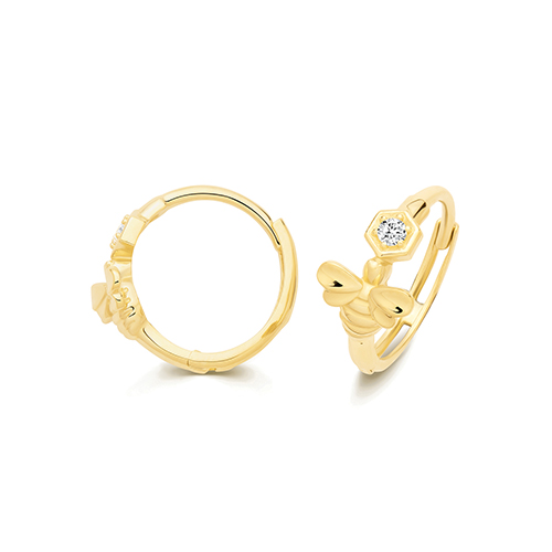 9k Yellow Gold Honey Bee Cz Huggie Earrings - 12x6mm - Image 1