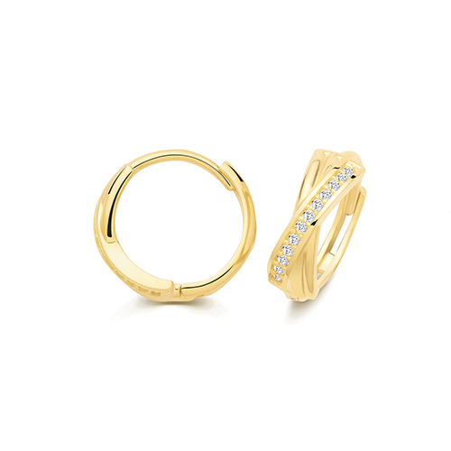 9k Yellow Gold Cz Crossover Huggie Earrings - 12x4mm - Image 1