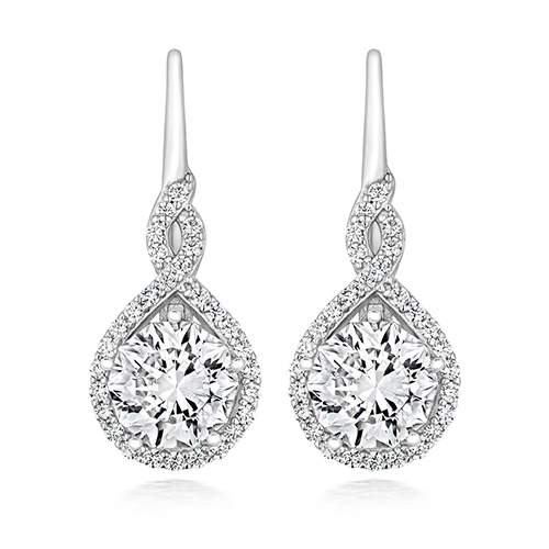 925 Sterling Silver Halo Set Crossover Round Cz Drop Earrings - 7.5 mm - Image 1