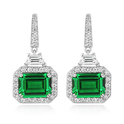 925 Sterling Silver Halo Style Emerald Round and Trapezoid Cz Stud Earrings - 10x8 mm - Image 1