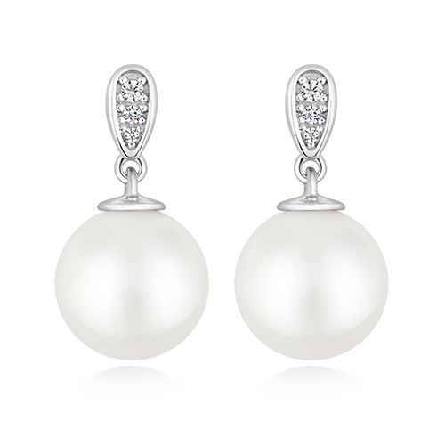 925 Sterling Silver Pave Set Round Cz and Pearl Drop Earrings - 10 mm - Image 1