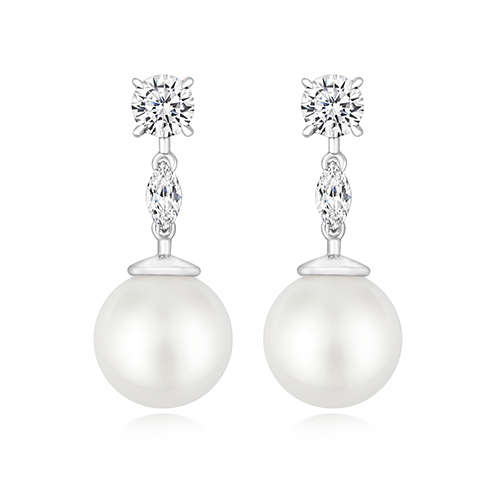 925 Sterling Silver Claw Set Round and Marquise Cut Cz and Pearl Drop Earrings - 10 mm - Image 1