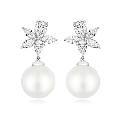 925 Sterling Silver Cluster Pear and Marquise Cut Cz and Pearl Drop Earrings - 11 mm - Image 1