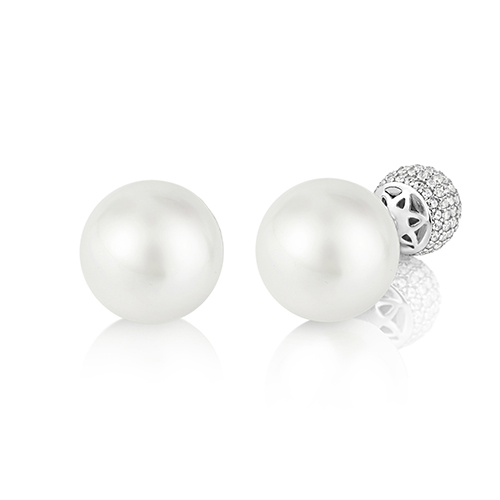 925 Sterling Silver Pearl and Pave Set Ball Back Stud Earrings - 14x9 mm - Image 1